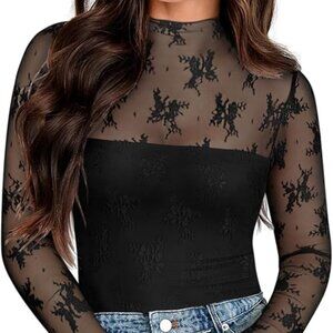 Y2K Sexy Lace Sheer Mock Neck Bodysuit – Flattering, Stretchy, Figure-Shaping